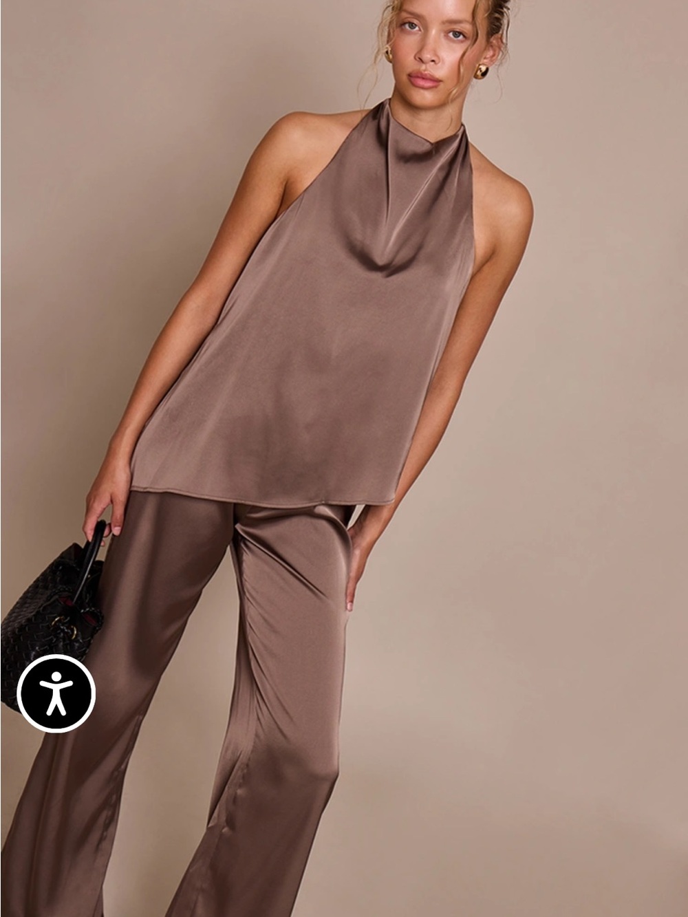 PrettyLittleThing Taupe Satin Halter & Wide-Leg Set